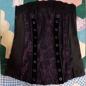 Purple Black Lace Zip Up Corset Strapless